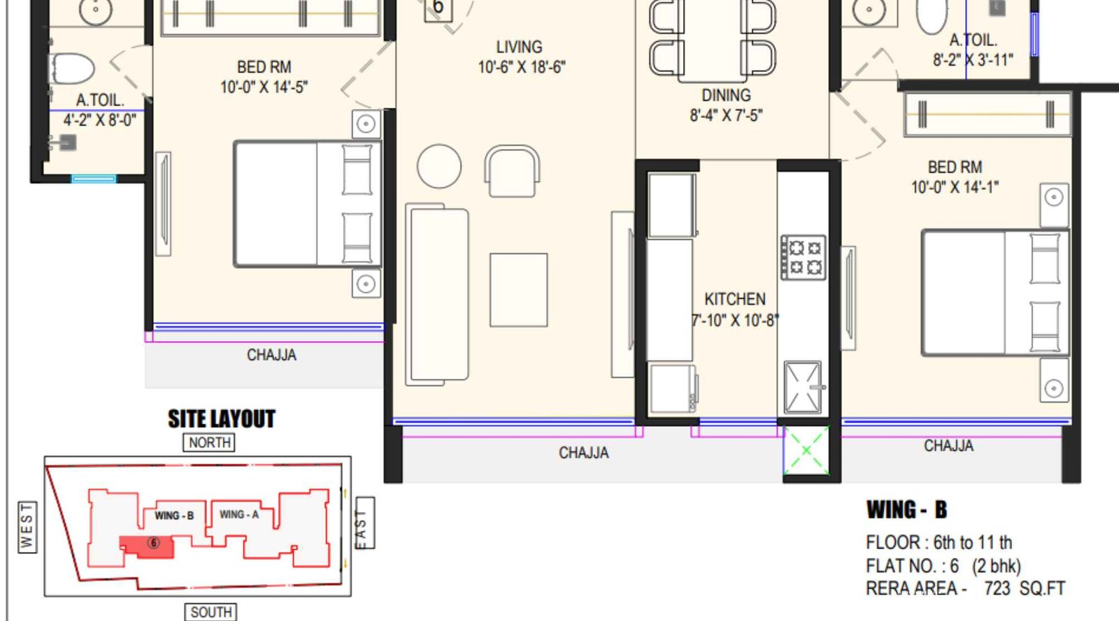 Mesacon-Crown-Floor-Plan-2-BHK-Wing-B-723-Sq.ft-6-11-Floor